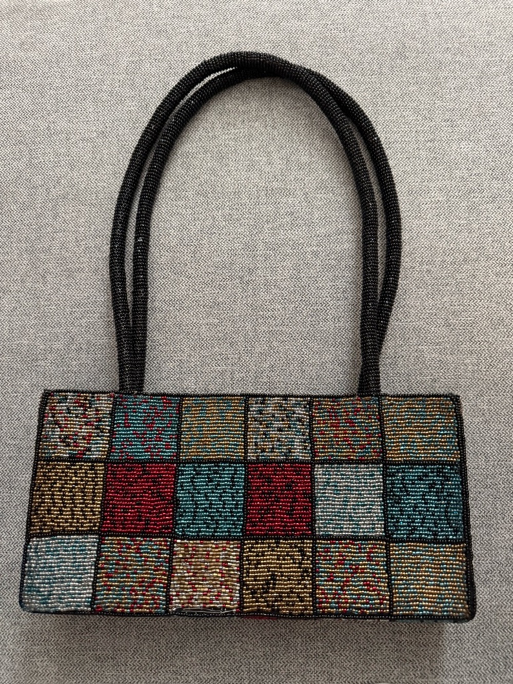 Beaded Glass Multicolor Checkerboard Tote Bag - Black Handles